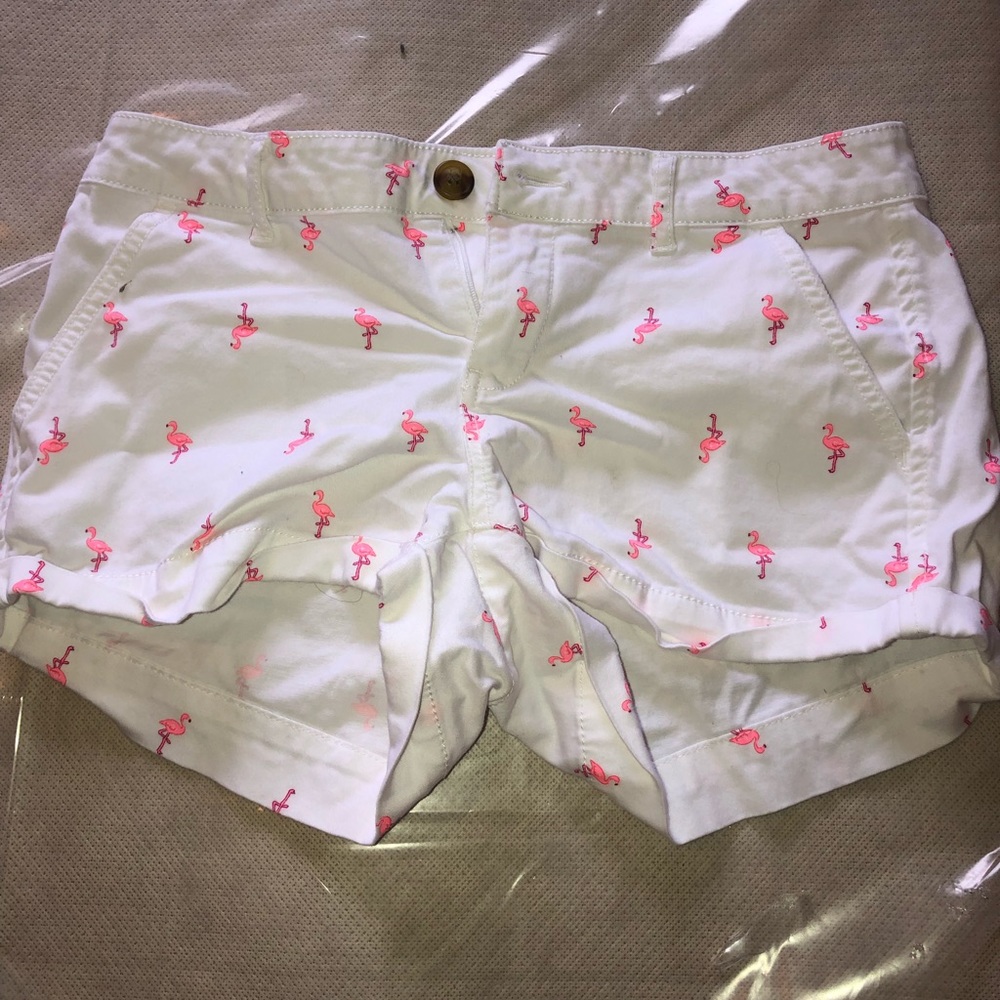 white shorts with flamingos